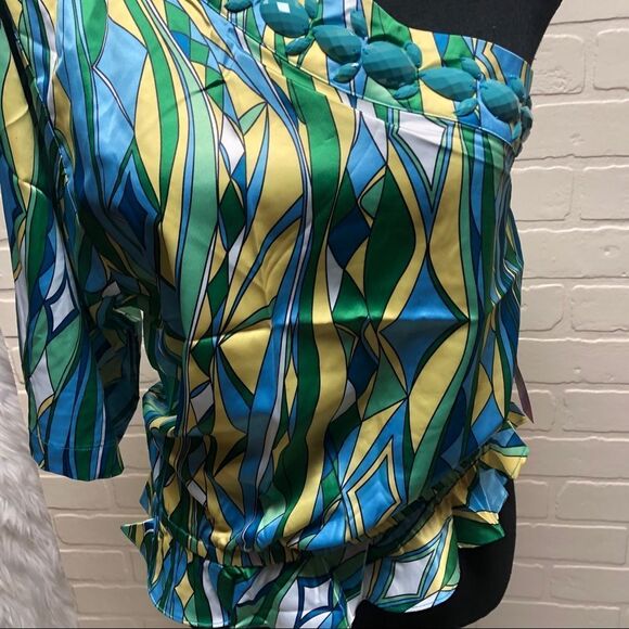 NWT Rachel Lym Couture Resort Swimwear Cover Up Crista Green One Shoulder Top - Picture 8 of 11